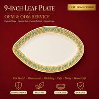 Assiette en mélamine personnalisée OEM/ODM avec motif feuille, 9 pouces, pour fruits et charcuterie, empilable, incassable, pour café, bistrot, bar, fête