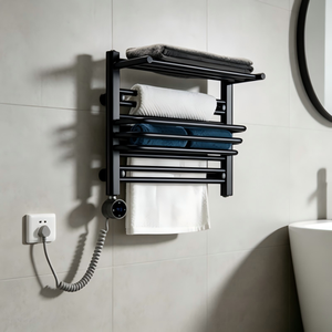 Calentador de Toallas Eléctrico Negro con Control de Temperatura, <span class=keywords><strong>Toallero</strong></span> Calefactado de Pared con Estante de Almacenamiento, Ideal para Apartamentos - Product Image 1