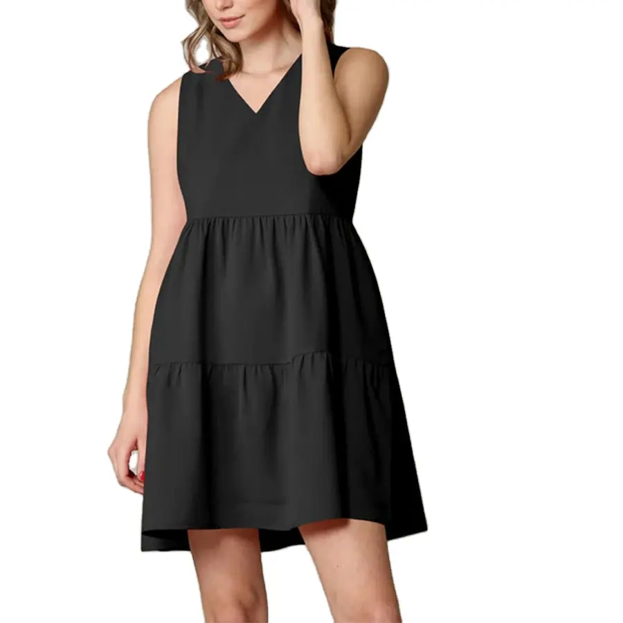 Dress manufacturer Women's Classic Sleeveless V-neck A-line Shirred Dress Casual Summer Party Dress