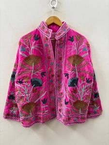 <b>Pink</b> Velvet Suzani Animal Print Quilted Lace Cotton Breathable Button Winter Handmade Uzbek Embroidered Boho <b>Jacket</b> Women Bulk - Product Image 1