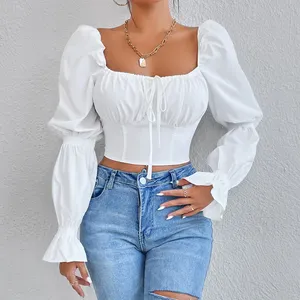 Low Moq Sexy Kanten Ruches Lange Mouw Crop Top Backless Fabrikant Blouse