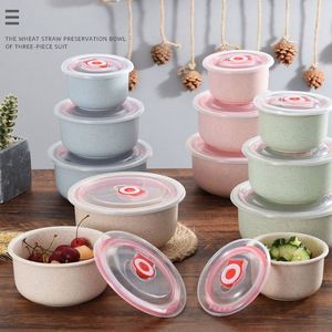 Nouvel ensemble de 3 bols de conservation en paille de blé avec couvercle, fournitures de cuisine, boîte à lunch ronde de type bento - Product Image 6