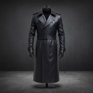Manteau trench en cuir d'agneau véritable noir, double boutonnage, manches longues, col rabattu, imperméable, polyester, vêtement d'extérieur pour l'automne - Product Image 6