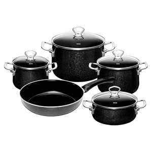 RIESS Black <b>Magic</b> 5 Piece Cookware <b>Set</b> With Stainless Steel Handles And Glass Lids For Stovetop Use - Product Image 2