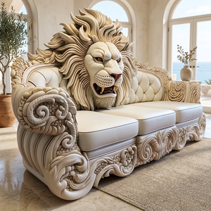 European Antique Lion Head Carved Genuine Leather Teak <b>Wood</b> <b>Frame</b> L-Shape Sectional <b>Sofa</b> Set Tufted Back Luxury Living Room - Product Image 3