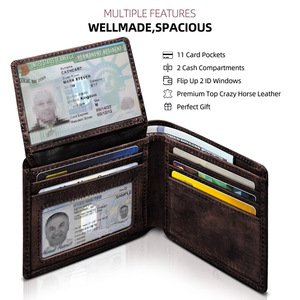 Genuine Leather <b>Wallet</b> <b>For</b> <b>Men</b> Multi Card Slot ID Window Crazy Horse Leather Coffee Brown <b>RFID</b> Blocking Business Style - Product Image 4