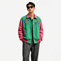 Blouson Bomber Décontracté Vert Rose Personnalisé avec Broderie Florale Contraste Printemps, Style Ample, pour Femme, Ornements Lourds en Cuir d'Autruche