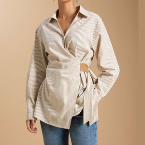 OEM New Casual Woven Breathable Button Front Stripe Women's <b>Blouse</b> Long Sleeve Slimming Shaping Waistline - Product Image 1