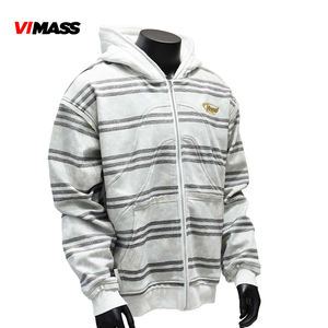 เสื้อมีฮู้ดลายทางผู้ชาย, เสื้อมีฮู้ดลายทางสีเทาและสีขาวปักทองมีซิปโลหะ - Product Image 1