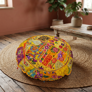 Embroidered Cotton <b>Round</b> Floor <b>Cushion</b> in Vibrant Orange Patchwork Design Handmade Decorative Seat <b>Cushion</b> for Home Office - Product Image 2