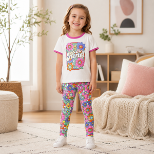 Ensemble 2 pièces <span class=keywords><strong>Groovy</strong></span> Floral pour filles, t-shirt en coton et leggings imprimés, style rétro années 70, tenue d'été pour enfants, collection Be Kind - Product Image 2
