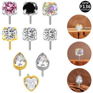 Clous de piercing en alliage de titane F136 avec zircon, serti quatre griffes, forme cœur, accessoire de remplacement pour bijoux en titane - Product Image 1