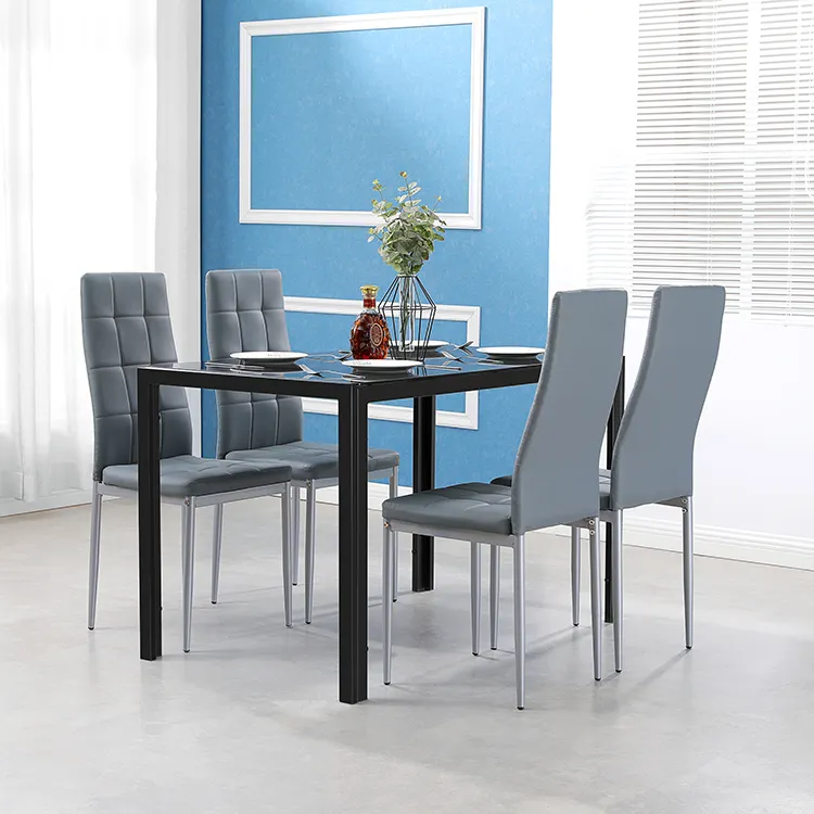 Mesa de comedor moderna de acero y metal para restaurante, juego de comedor de vidrio y 6 sillas de lujo
