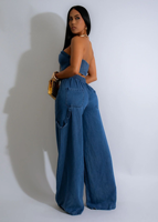 Ensemble 2 pièces en jean pour femme, sexy, avec haut bustier sans bretelles et pantalon large taille haute, extensible, style streetwear Y2K, tenue de club