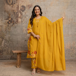 Ensemble Kurta en coton brodé couleur moutarde pour femme avec pantalon et dupatta, longueur cheville, style traditionnel indien pakistanais, décontracté - Product Image 1