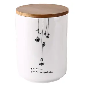 Wholesale custom airtight Utensil Jar Tea Sugar Biscuit Storage Canister Ceramic set jars with bamboo lid