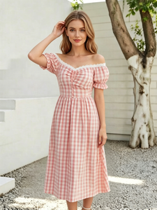 Abito Midi Casual estivo da <span class=keywords><strong>donna</strong></span> <span class=keywords><strong>taglie</strong></span> forti dolce con collo quadrato francese con motivo a quadri in pizzo con bottone intrecciato miglior Shopping <span class=keywords><strong>Online</strong></span> - Product Image 4
