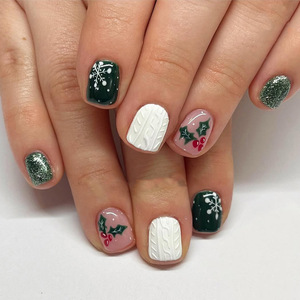 Uñas Postizas Color Verde Oliva con Textura de Suéter y Copos de Nieve Brillantes para Navidad, Otoño, Invierno, Salón y Uso Diario - Product Image 1
