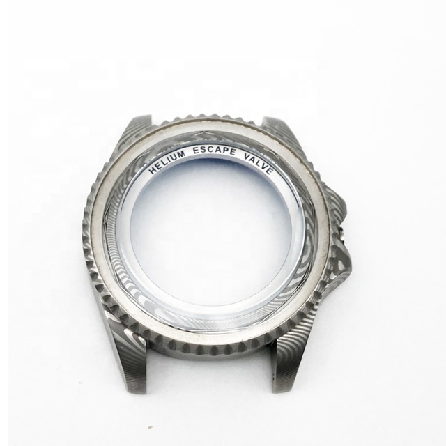 Personal Made Design Damascus Steel  Watch Diving Watch case with Ceramic Insert  Luminous Markers Helium Escape  Diver Watch