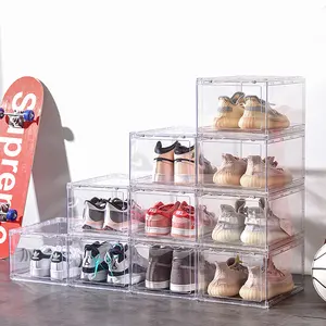 Kotak Display sepatu Organizer dapat ditumpuk, wadah penyimpanan transparan pintu samping lipat bening magnetik