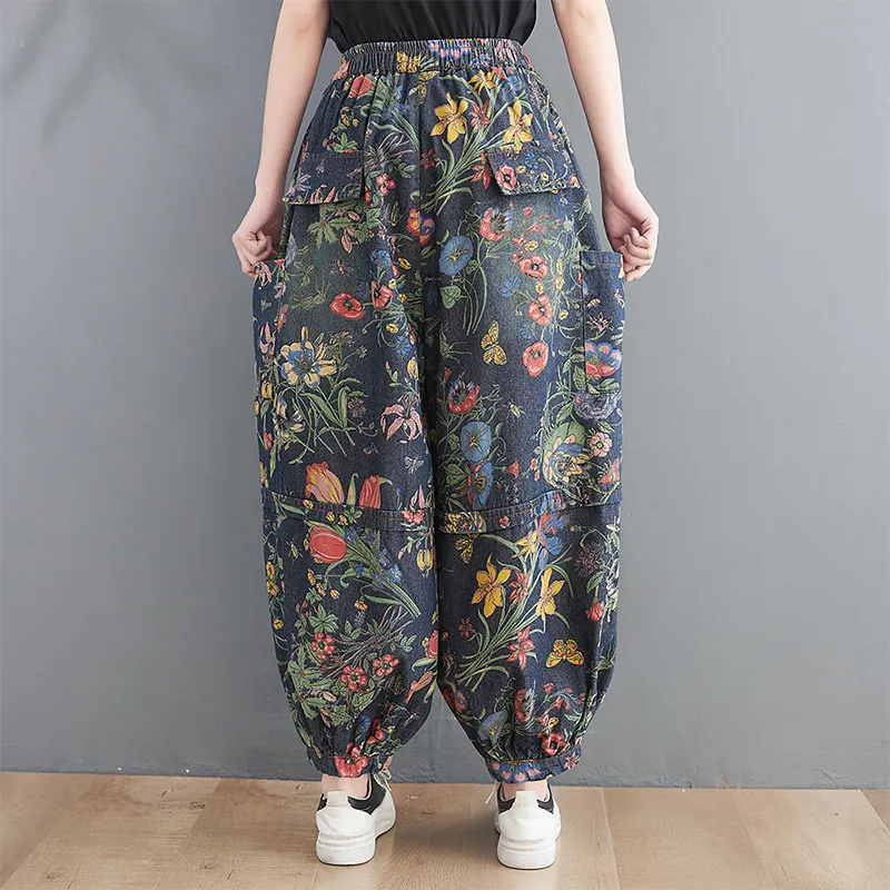 Lente Nieuwe Kunststijl Vrouwen Elastische Taille Enkellange Losse Jeans Zijzak Vintage Print Katoen Denim Harembroek