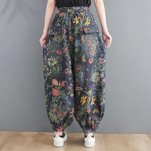 Spring New Arts Style Women Elastic Waist Ankle-length Loose Jeans Side Pocket Vintage Print Cotton Denim Harem Pants