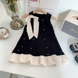 Robe sans manches style Hepburn pour filles, noire et blanche avec nœud perlé, robe d'été pour fête d'anniversaire, vêtements formels pour fillettes, vente en gros - Product Image 2