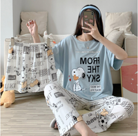 Piyama Sutra Susu Musim Semi Termurah 3pcs Set Motif Kartun Lengan Pendek Kerah Bulat + Celana Panjang Santai untuk di Rumah