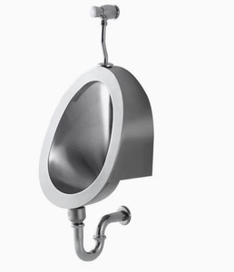 Urinario Ovalado de Acero Inoxidable para Montar en la Pared con Botón de Descarga Manual, Diseño Minimalista para Uso Público - Product Image 1