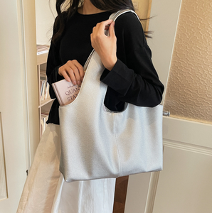 Silver Soft PU Leather Hobo Tote Bag Large Capacity Shoulder <b>Handbag</b> for Shopping Travel - Product Image 2