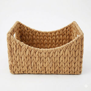 Natural Water Hyacinth <b>Storage</b> Basket Handmade Woven <b>Shelf</b> Organizer Bin With Built In Handles For Cozy Boho Home Decoration - Product Image 2
