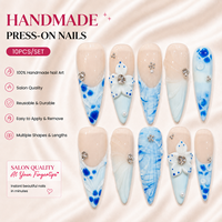 Vente en gros de faux ongles personnalisés de qualité supérieure, en acrylique, faits à la main, avec fleurs 3D, strass bleus, longs, de forme stiletto, à coller