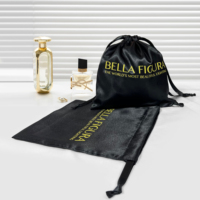 Sac à cordon en satin noir de luxe, élégant, réutilisable, imprimé avec un logo personnalisé, pour cadeaux de mariage, de fête ou de rangement