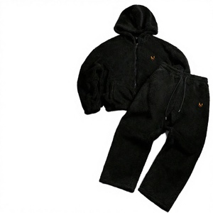 OEM Custom Embroidery Breathable Knitted 360g Winter Men's Sherpa Fleece <b>Zip</b>-Up Hoodie Sweatpants Streetwear Set - Product Image 3