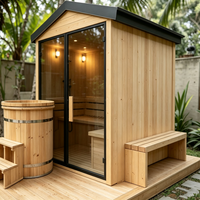 Promotion : Sauna extérieur en bois pour jardin, cabine de sauna domestique en hemlock avec porte vitrée, colonne de douche et baignoire de trempage froid