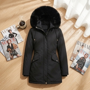 Nouvelle collection Hiver 2025 – Manteau long en coton simple pour <span class=keywords><strong>femme</strong></span> avec col en fourrure et revers, veste chaude en duvet de coton - Product Image 1