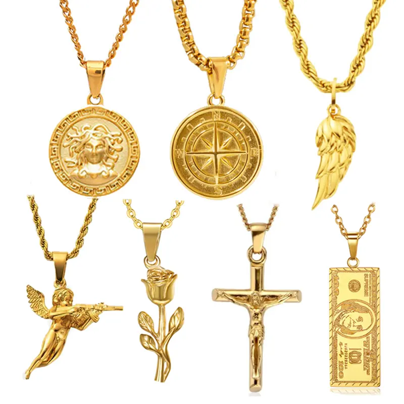 Colgante de cruz de Jesús popular para mujer, collar de oro de 18k chapado en oro medusa, brújula, ala, Ángel, pistola, rosa, Dólar de moda