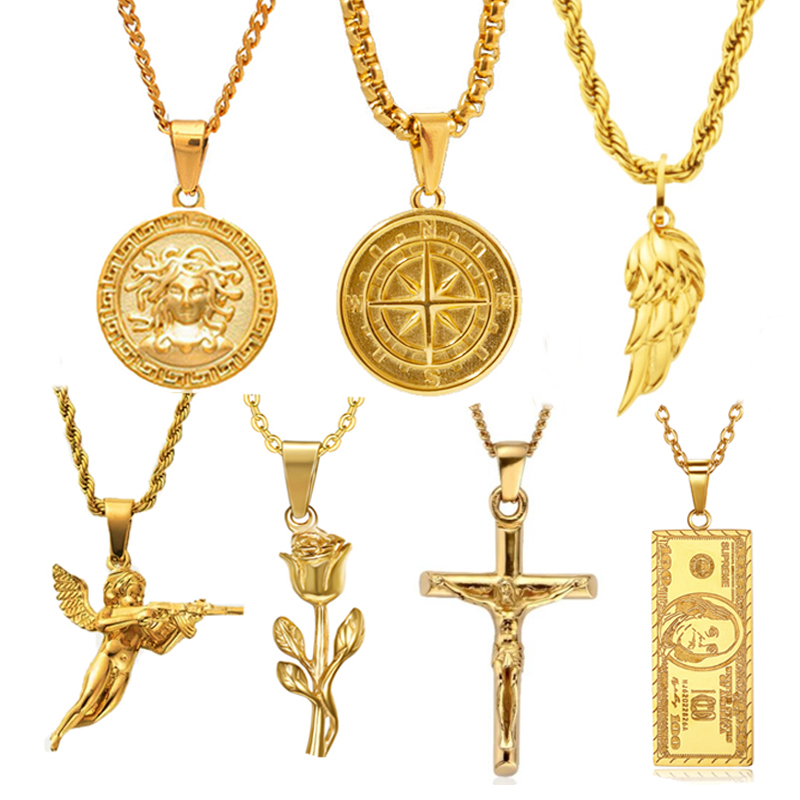 Olivia populaire jésus croix pendentif 18k plaqué or méduse boussole charme aile ange pistolet pendentif mode dollar rose collier