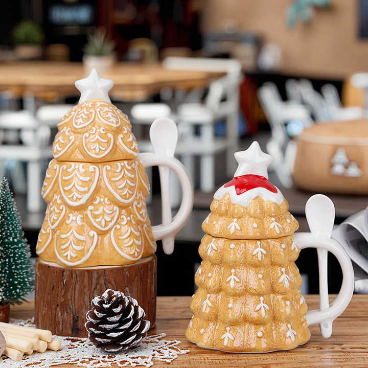 Redeco Christmas Tree Shaped 3D Coffee Ceramic Mug With Spoon Custom Cup for Festive Holiday Home Drinkware