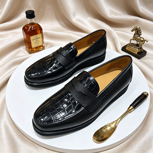 Mocassins noirs pour hommes, chaussures à enfiler en cuir gaufré façon croco avec semelle plateforme, chaussures à enfiler légères à plateforme pour le bureau au quotidien - Product Image 5