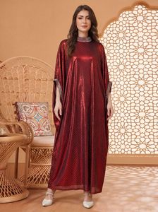 Robe Abaya en polyester dorée incrustée de diamants pour femme, coupe ample, manches longues chauve-souris, longueur ras du sol, ourlet évasé, style traditionnel - Product Image 4