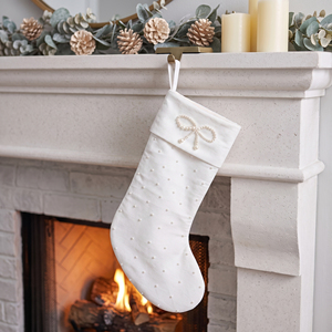 White Velvet Pearl Bow Christmas Stocking Beaded Elegant Xmas Sock for Wedding Mantel <b>Party</b> <b>Decor</b> - Product Image 3