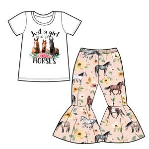 Wholesale Boutique Clothes Baby Girls Clothing Sets Short Sleeves Bell Bottom Pants Leopard Print Farm Outfits Kids - Product Image 3