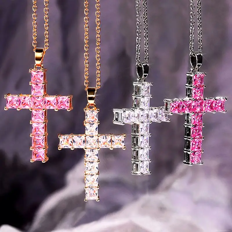 Fashionable Female Versatile Necklace For Party Jewelry Fancy Inlaid White/Pink Cubic Zirconia Aesthetic Cross Necklace