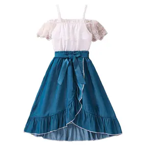 2024 Zomer Meisjes Outfit Set Witte Kanten Top + Blauwe Denim Asymmetrische Rok 2 Stuks Modeset