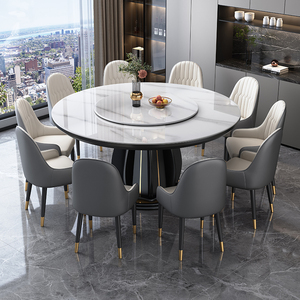Table à manger ronde design avec plateau en pierre durable et base en bois avec accent en acier <span class=keywords><strong>plaqué</strong></span> or pour un mobilier de maison moderne - Product Image 1