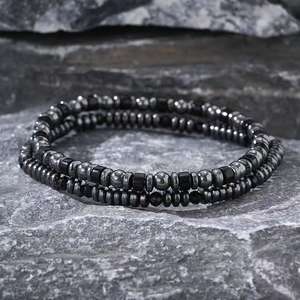 Vintage Black Hematite <b>Beaded</b> <b>Bracelets</b> <b>Men's</b> Jewelry Double Layer Stacked Bangle for Birthday Gifts - Product Image 2