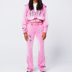 OEM Custom <b>Zip</b> <b>up</b> <b>Cropped</b> Hoodies Tracksuits High Quality Two Piece Sweatsuit Women Flared Jogger Sweatpants and Hoodies Set - Product Image 6