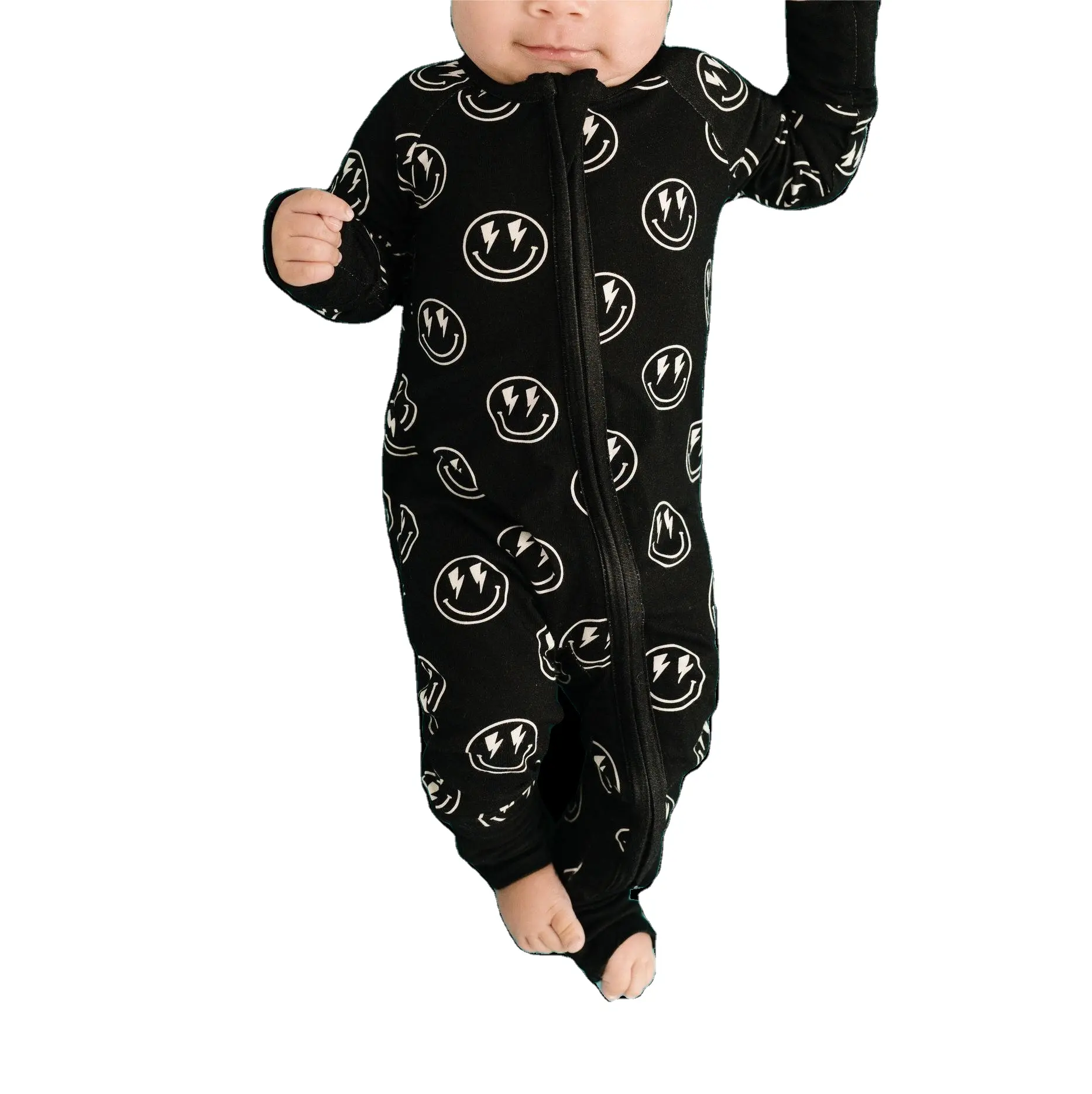 Impression personnalisée sourire bébé vêtements infantile barboteuse orgnaic bambou fermeture éclair bébé barboteuse infantile sleepsuit nouveau-né bambou onesie pyjamas