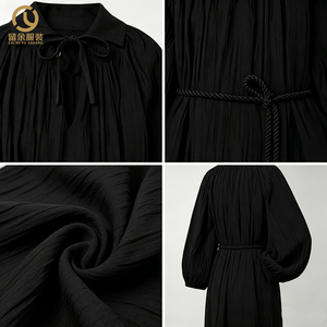 Abito da donna <span class=keywords><strong>nero</strong></span> in <span class=keywords><strong>lino</strong></span> intrecciato plissettato al ginocchio a maniche lunghe con cintura, lavabile ed ecologico, personalizzabile con supporto di fabbrica - Collezione Autunno - Product Image 4